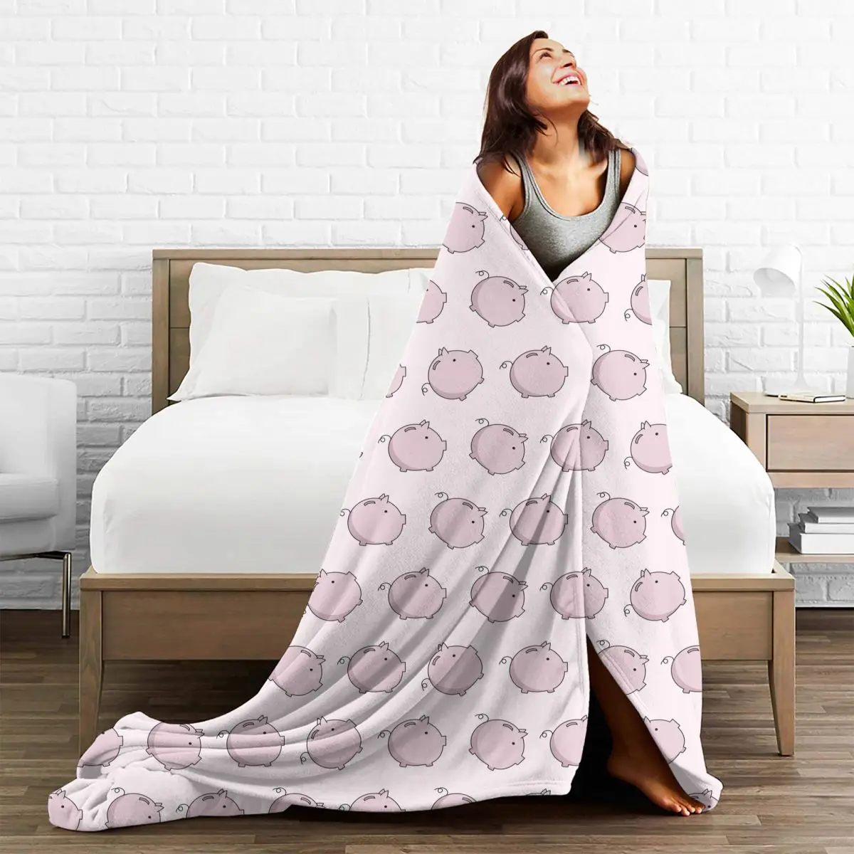 Pink Cartoon Cute Pig Animal Blankets Fleece Decoration Breathable Warm Throw Blanket for Bed Office Rug Piece