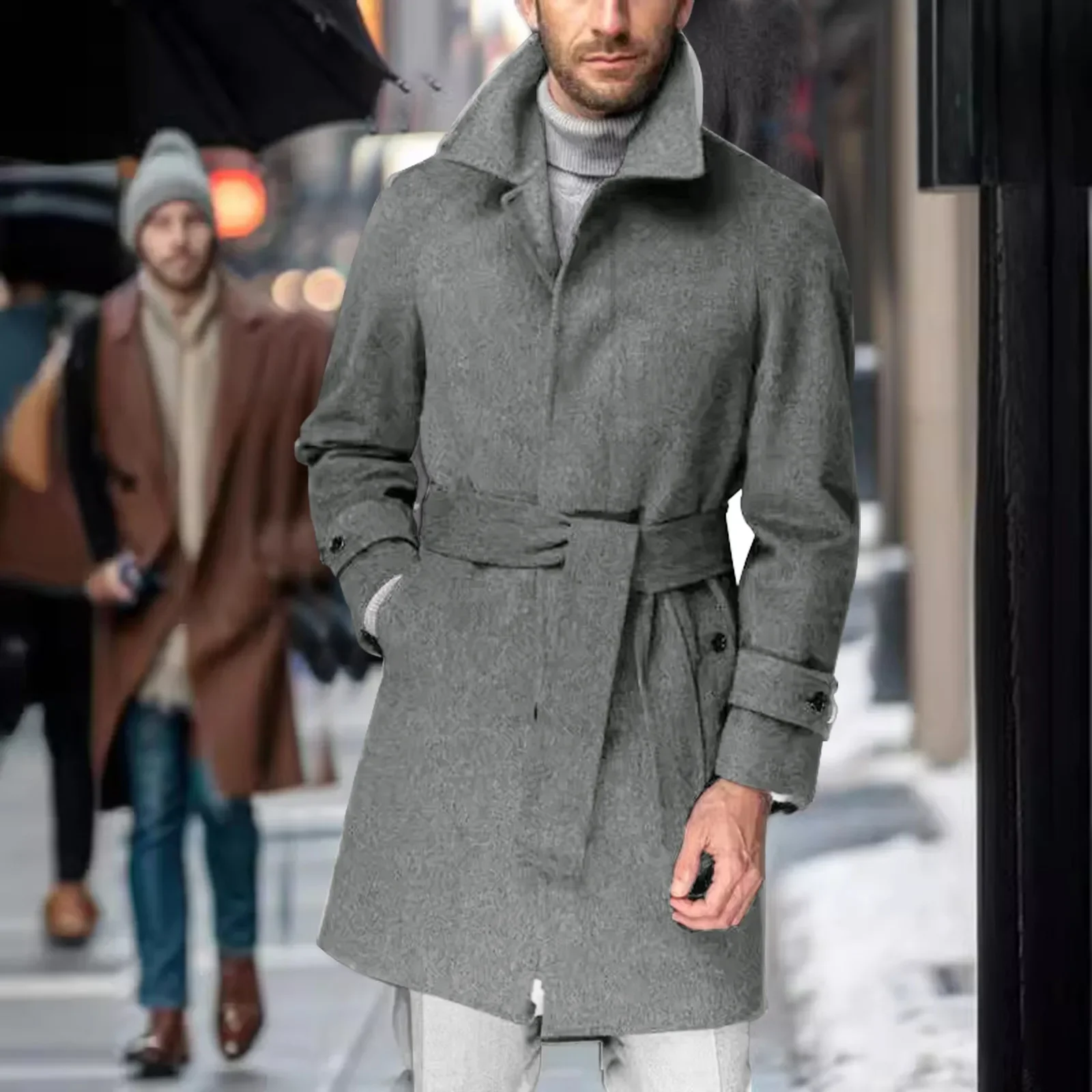 Vintage Woolen Windbreaker Mens Trench Coats Fall Winter Outdoor Fashion Lapel Buttoned Belt Mid Jackets Men Casual Outerwear