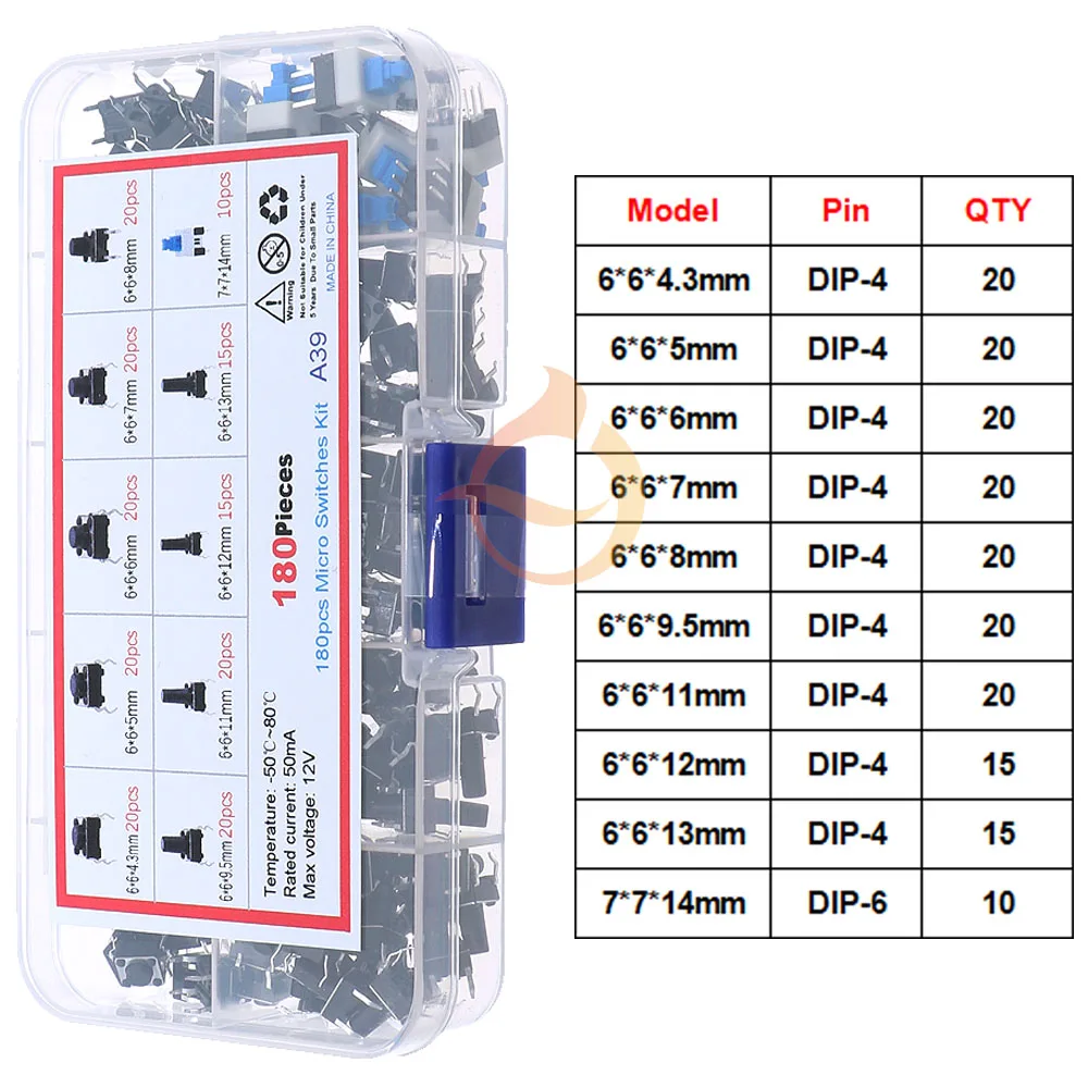 180pcs 10Value light micro switch set push button switch kit assortment set Accessories 6x6 keys tact on-off