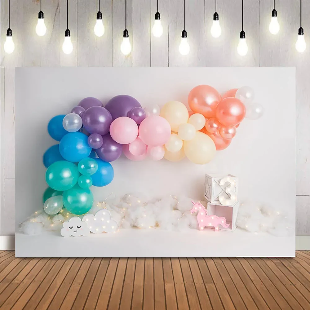 

Colorful Balloons Wall 3th Birthday Cake Samsh Portrait Backdrop for Photography Studio Newborn Kids Children Photo Background