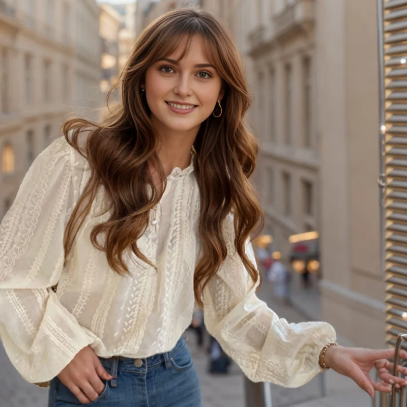 

Fashion Apricot Women's Blouse Elegant Lace Shirt Puff Sleeve Sweet Tops Spring O-neck Long Sleeve Clothing