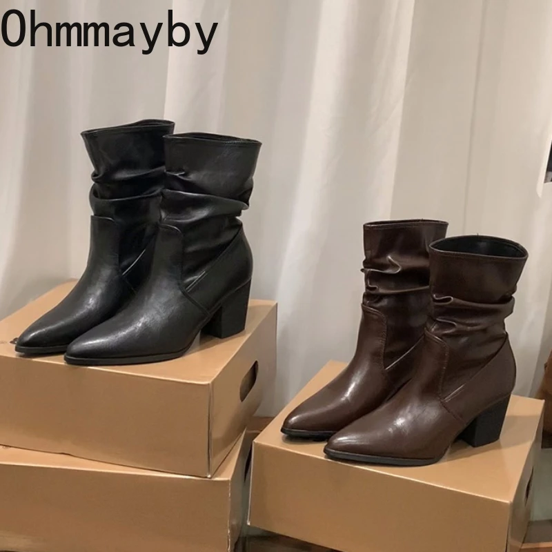 

Autumn Winter Fashion Pointed Toe Ankle Boots Women Slip On Thick Heels Shoes Street Style Banquet Party Short Botas Mujer