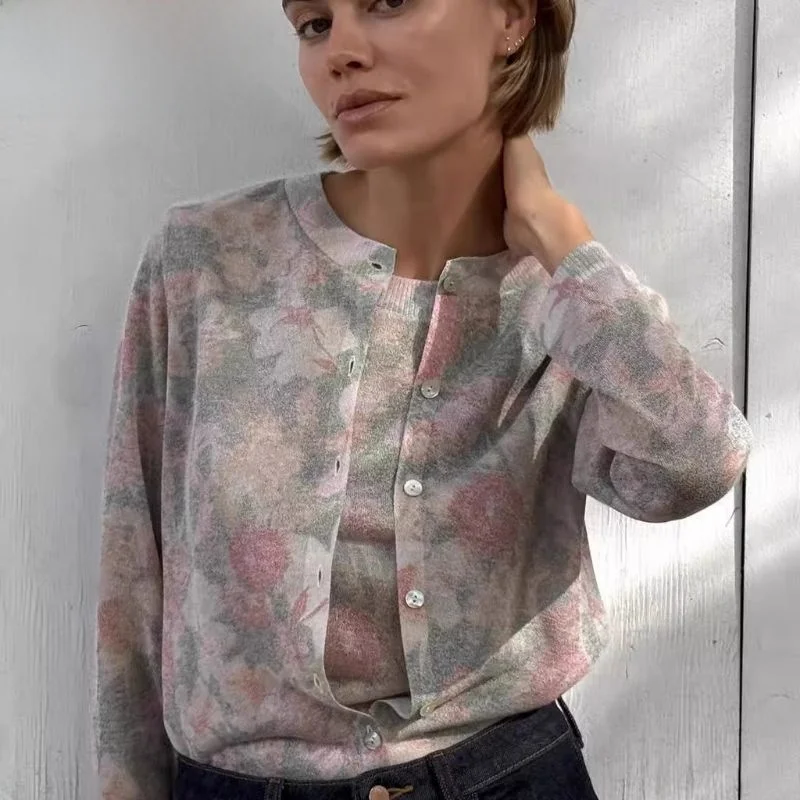 

Spring Autumn 2025 New Women's Knitted Jaet Floral Print round Ne Long Sve Outerwear Commute Sle Straight Cut Other ...