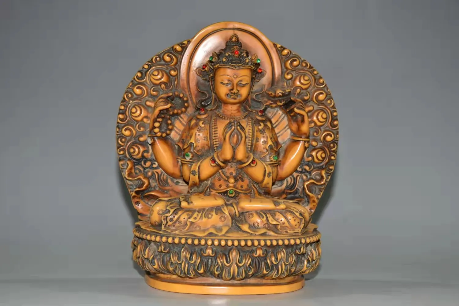 

Rare old Imitation ivory Inlaid gemstone gilt buddha statue,Free shipping