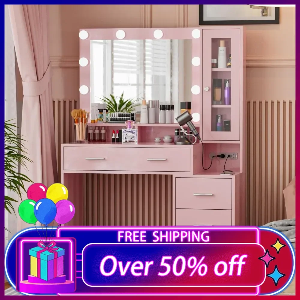 Makeup Vanity with Charging Station, Pink Make Up Vanity Desk with Mirror and Lights, Dressing Table with Nightstand Drawers