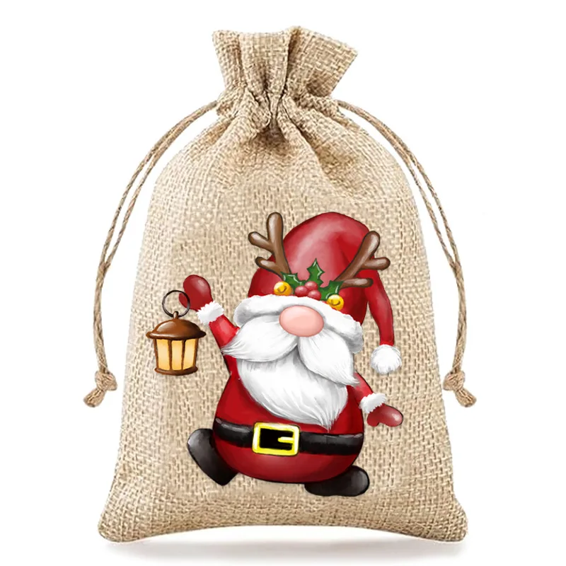 36pcs/lot 10*15, 13*18, 15*20cm Santa Claus Snowman Burlap Linen Drawstring Bags Christmas Party Candy Gift Packaging Pouches