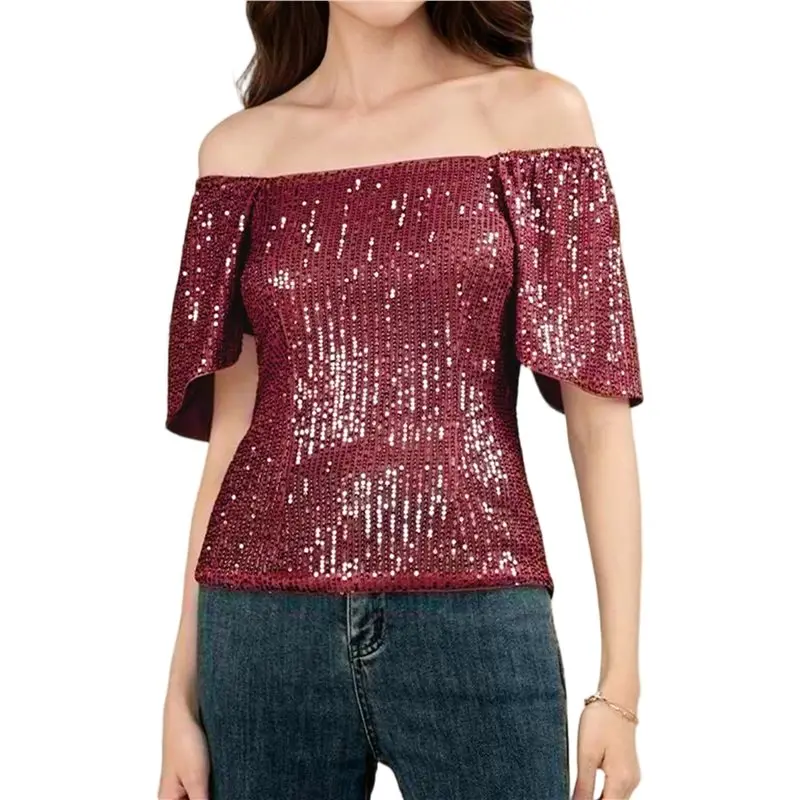 

CYL-Women's Square Neck Short Sleeve Sequin Bubble Sleeve Blouse Fashion Versatile Party Top