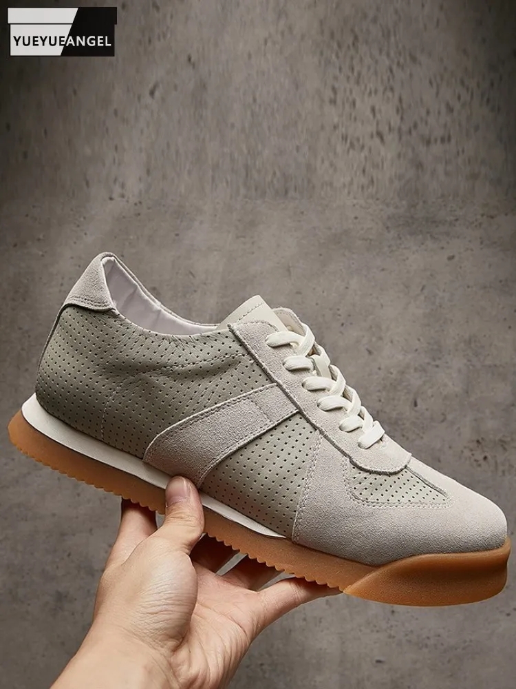 Leisure Men Versatile Solid Color Genuine Leather Mesh Sneakers Comfortable Round Toe Breathable Cowhide Lace-Up Casual Shoes