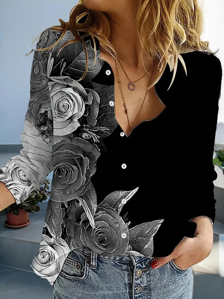 Urban Street Fashion Trend Veelzijdige damestop, zwart-wit kleurblokken, casual damesshirt met bloemenprint en lange mouwen