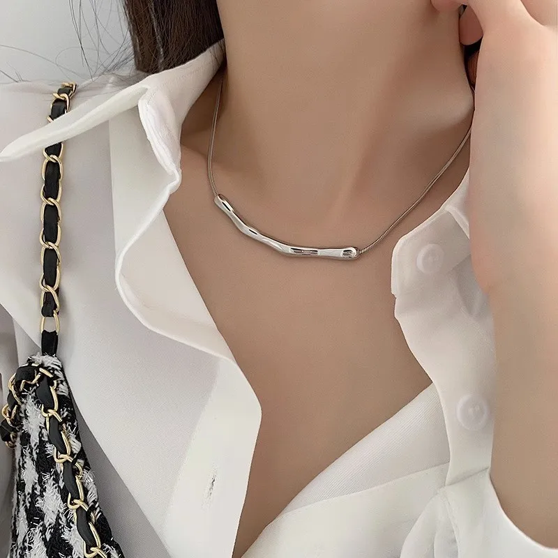 ANENJERY L316 Stainless Steel Irregular Wrinkled Lines Necklace for Women Summer Clavicle Chain Jewelry Accessory