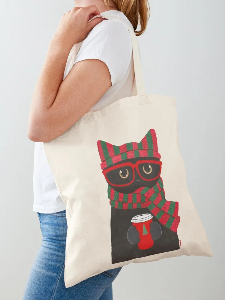 

Winter Black Cat With Coffee Tote Bag Canvas university shopper bag Cloth bag Woman shopper