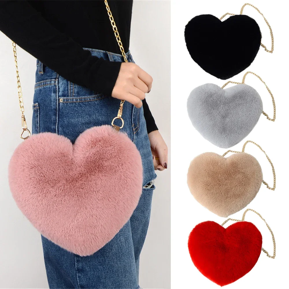 New Women Heart Shaped Soft Faux Fur Crossbody Handbag Fluffy Mini Shoulder Bag With Detachable Chain Strap Zipper Messenger Bag