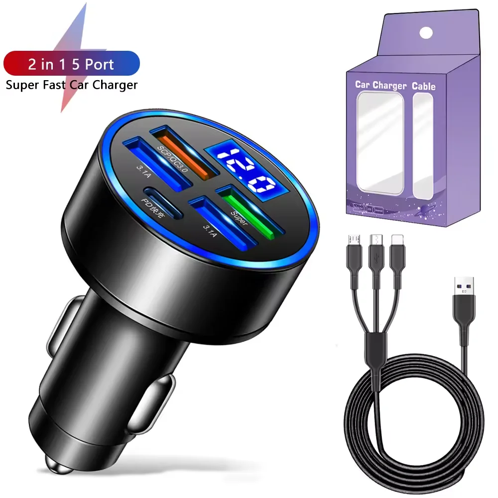 250 واط LED شاحن سيارة 5 منافذ شحن سريع PD QC3.0 USB C شاحن هاتف السيارة نوع C محول في السيارة آيفون سامسونج هواوي Xiaomi