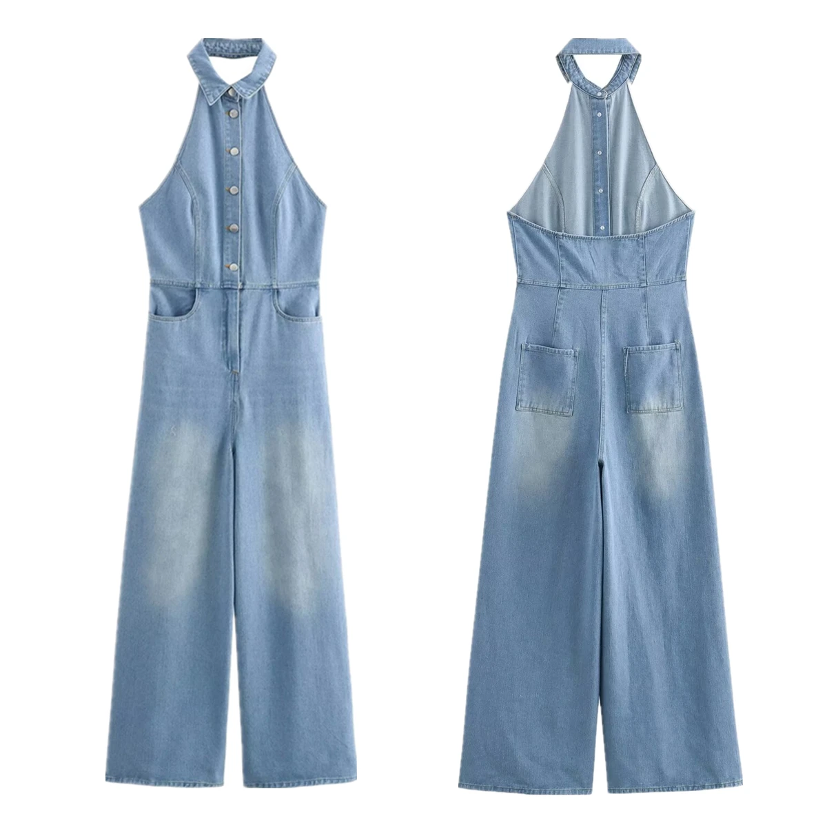 Withered French Minimalist Jumpsuit Women Halter Sexy Backless Denim Straight Long Pants Rompers Womens