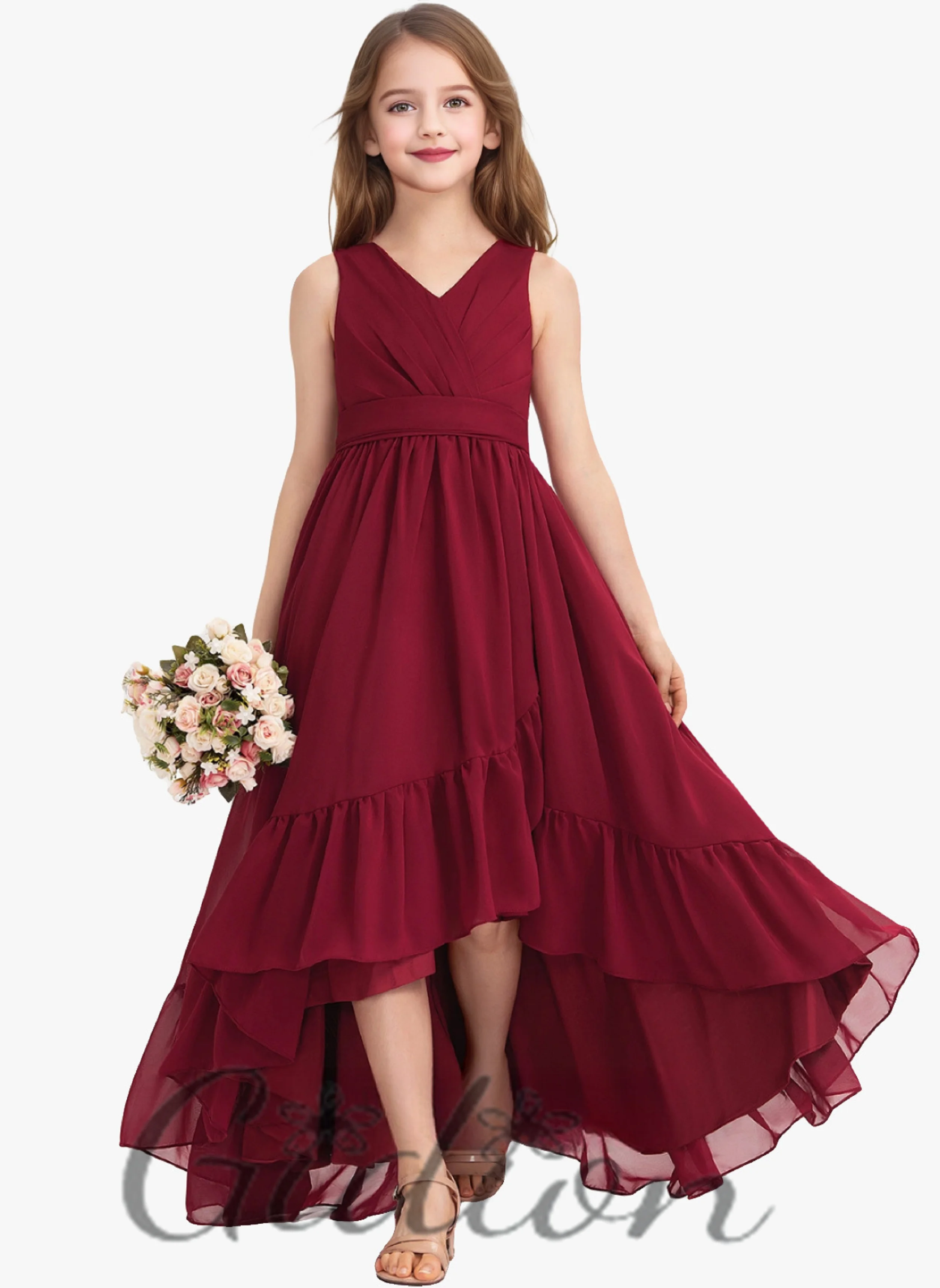 Asymmetrical Chiffon Children Wedding Ceremony Event Birthday Evening Party Celebrations Prom Ball Gown  Junior Bridesmaid Dress