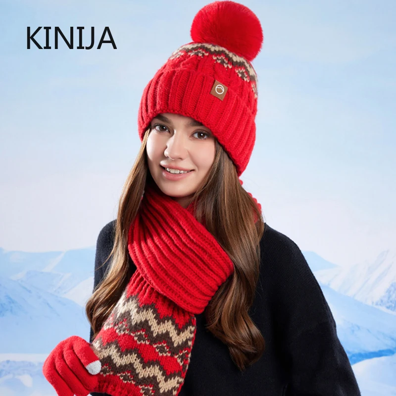 3 Pcs/Set Winter Women Plush Knitted Cold Hat Warm Woolen Head Cap Scarf Gloves Hats Outdoor Ear Windproof Skiing Beanies Cap