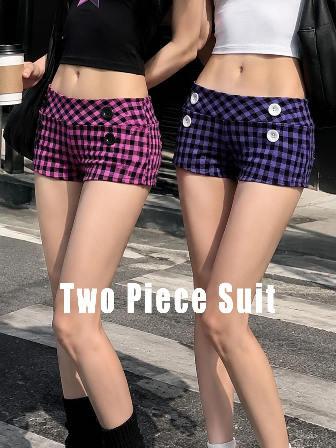 Y2K E-girl Women 2 Pack Checkered Booty Shorts Low Rise Plaid Short Pants Button Decor Punk Aesthetic Streetwear Two Piece Sets