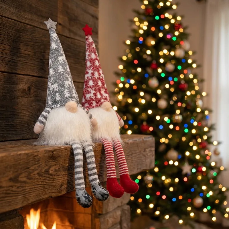 Christmas Ornaments Light Up Knitted Long Leg Christmas Gnome  Faceless Table Figurine Holiday Home Scene Decoration