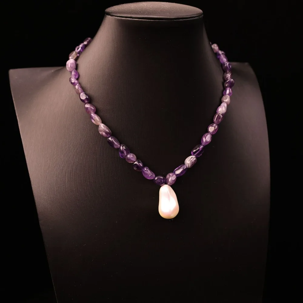 

Bohemia Style New Amethyst Stone White Baroque Pearl Pendant Retro Simple Versatile Natural Stone Amethyst Beaded Necklace