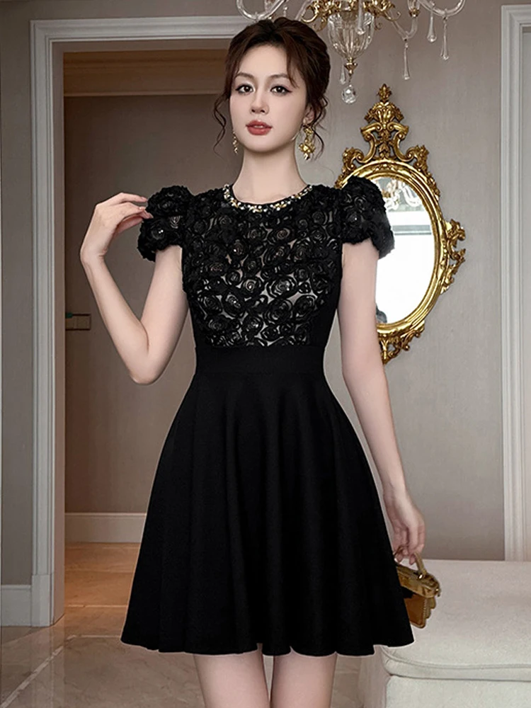 Women Clothes Black Sweet Lace Floral O-Neck Slim A-Line Mini Short Dress Elegant Luxury Party Prom Vestidos Casual Summer New