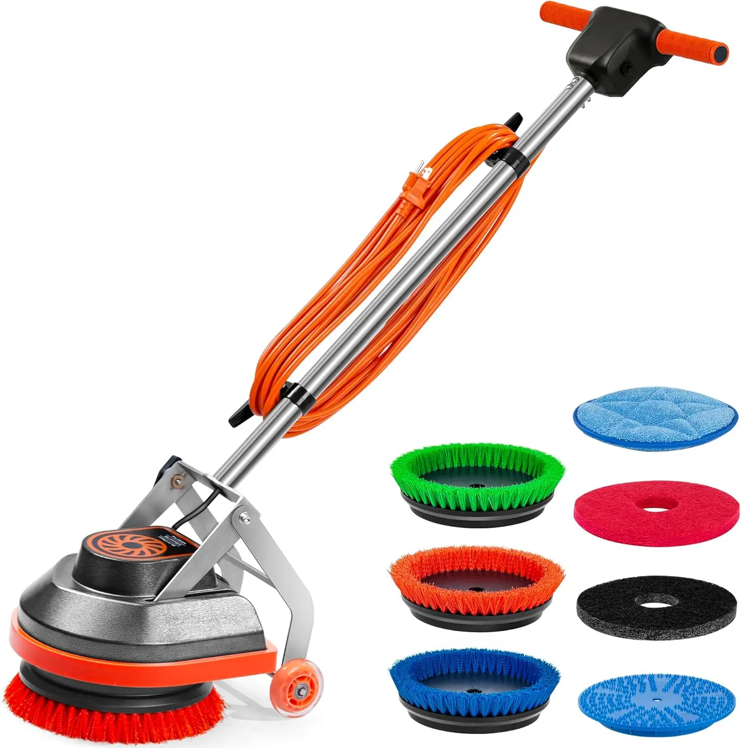Commercial floor cleaning machine, equipped with brushes and pads, as well as heavy-duty floor polisher and cleaning agent