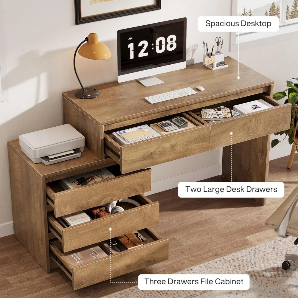 مكتب كمبيوتر مع 5 أدراج، مكتب تنفيذي للمنزل مع خزانة ملفات وحامل طابعة، مكتب خشبي ريفي صناعي لـ S #6