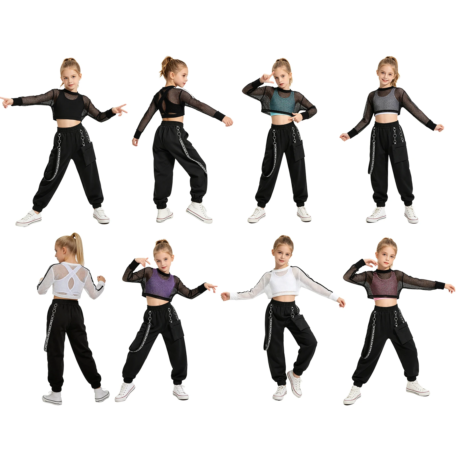 Kinder Mädchen Hip-Hop Jazz Tanz Performance Outfits: Rückenfreies Top mit Cargo-Hose und Mesh Langarm Crop Top Tanzkleidung – Detail 3