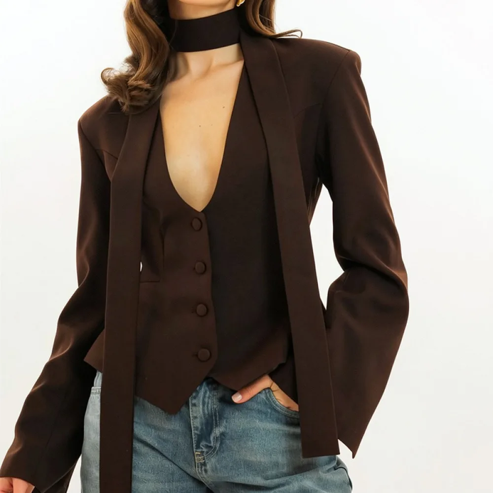 Fashion Blazer For Women Slim Fit Long Sleeve V Neck Scarf Decor Solid Color Elegant Casual Office Lady Outerwear Tops