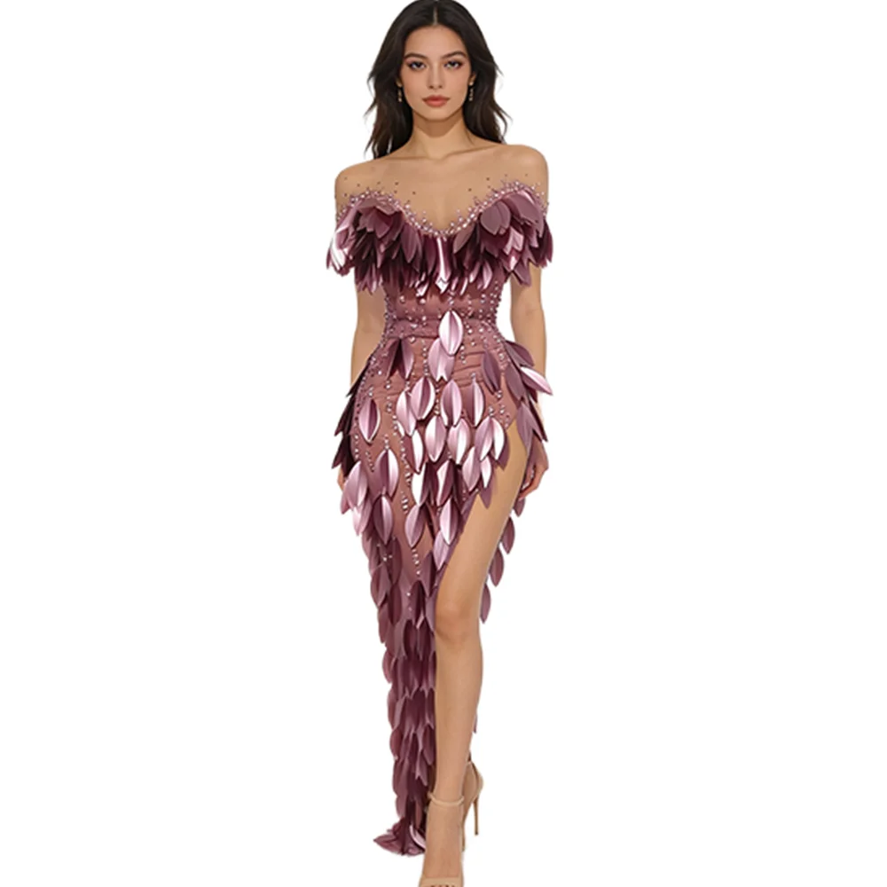 

Pink Birthday Graduation Wedding Guest Rhinestone Dress Female Women High Slit Party Evening Long Dress Prom Gown Club Outfit