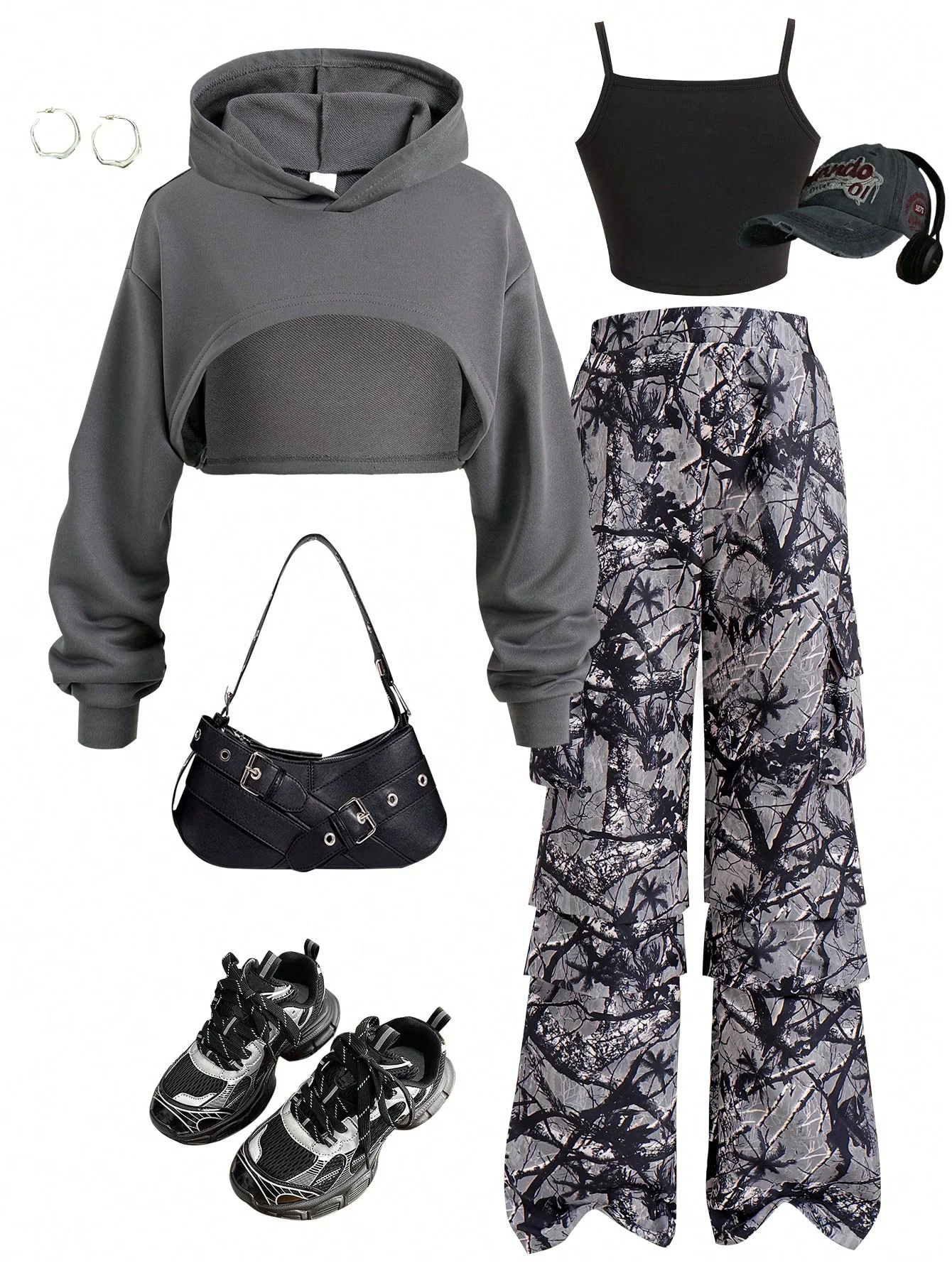 Girls Spring Autumn Casual Sporty Dark Gray Hooded Long Sleeve Sweatshirt Camisole Vest Camouflage Pants 3Pcs Set