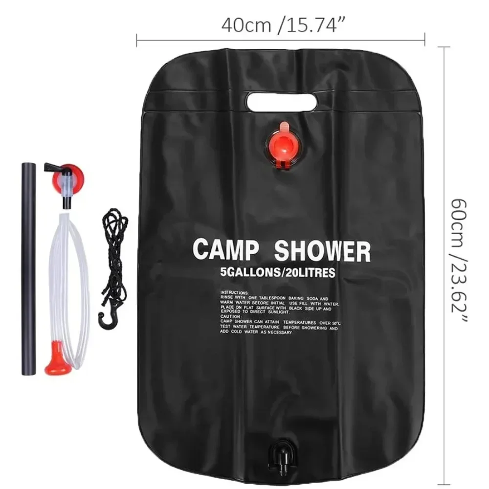 1Pcs 40×60cm Large Capacity 20L Outdoor Shower Bag Black Solar Powered Heating Bath Water Storage Bag for Camping Beach Trips