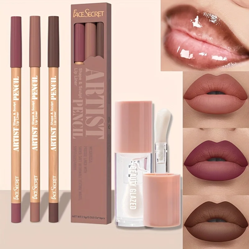 4pcs Matte Lipliner Lip Gloss Combo -Moisturizing Plumping Lip Oil  Lip Liner Set Waterproof & Matte Lip Liner Pencil