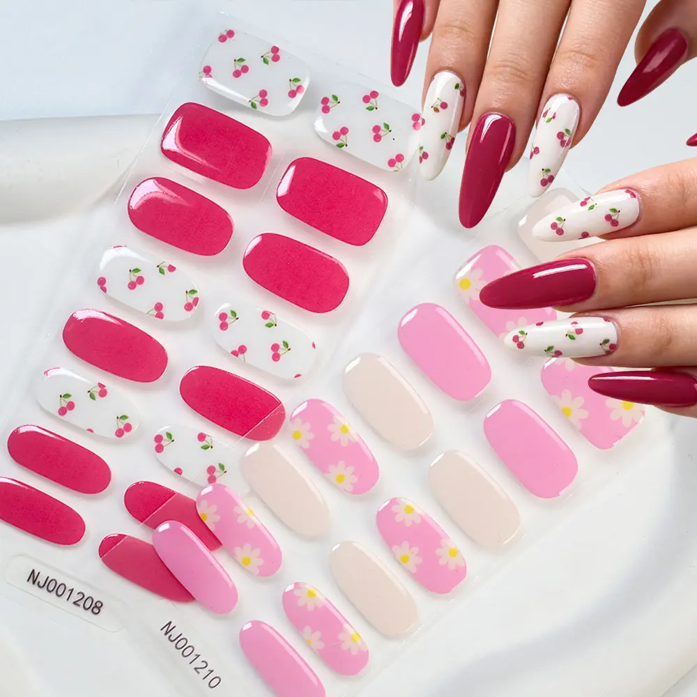 1sheet=16tips Cute Red Cherry Semi-Cured UV Gel Nail Strips Kawaii Daisy Gel Nail Wraps Full Cover Nail UV Gel Polish Stickers