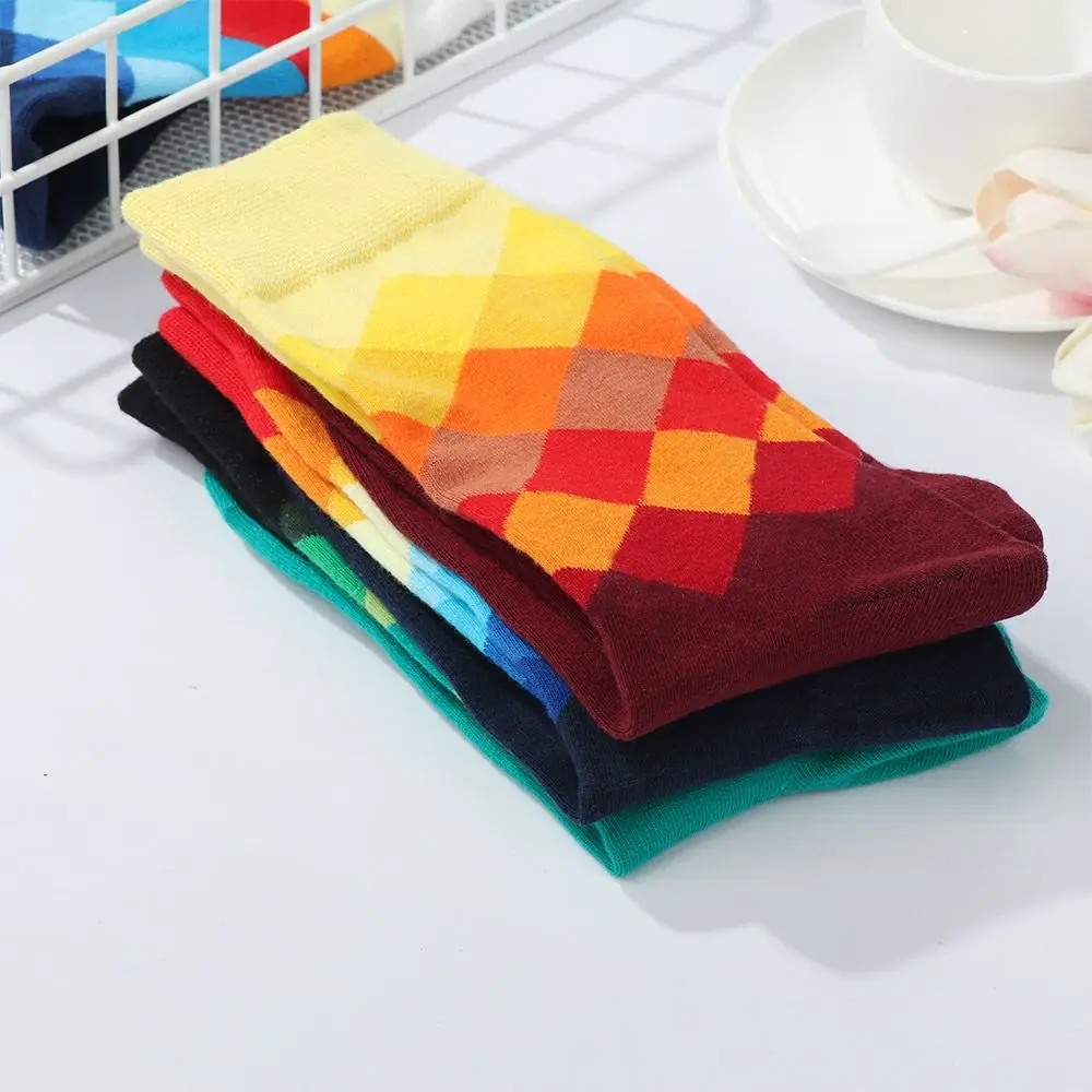 Men's Colorful Funny Combed Cotton Socks Argyle Filled Optic Casual Dress Crew Socks Winter Socks