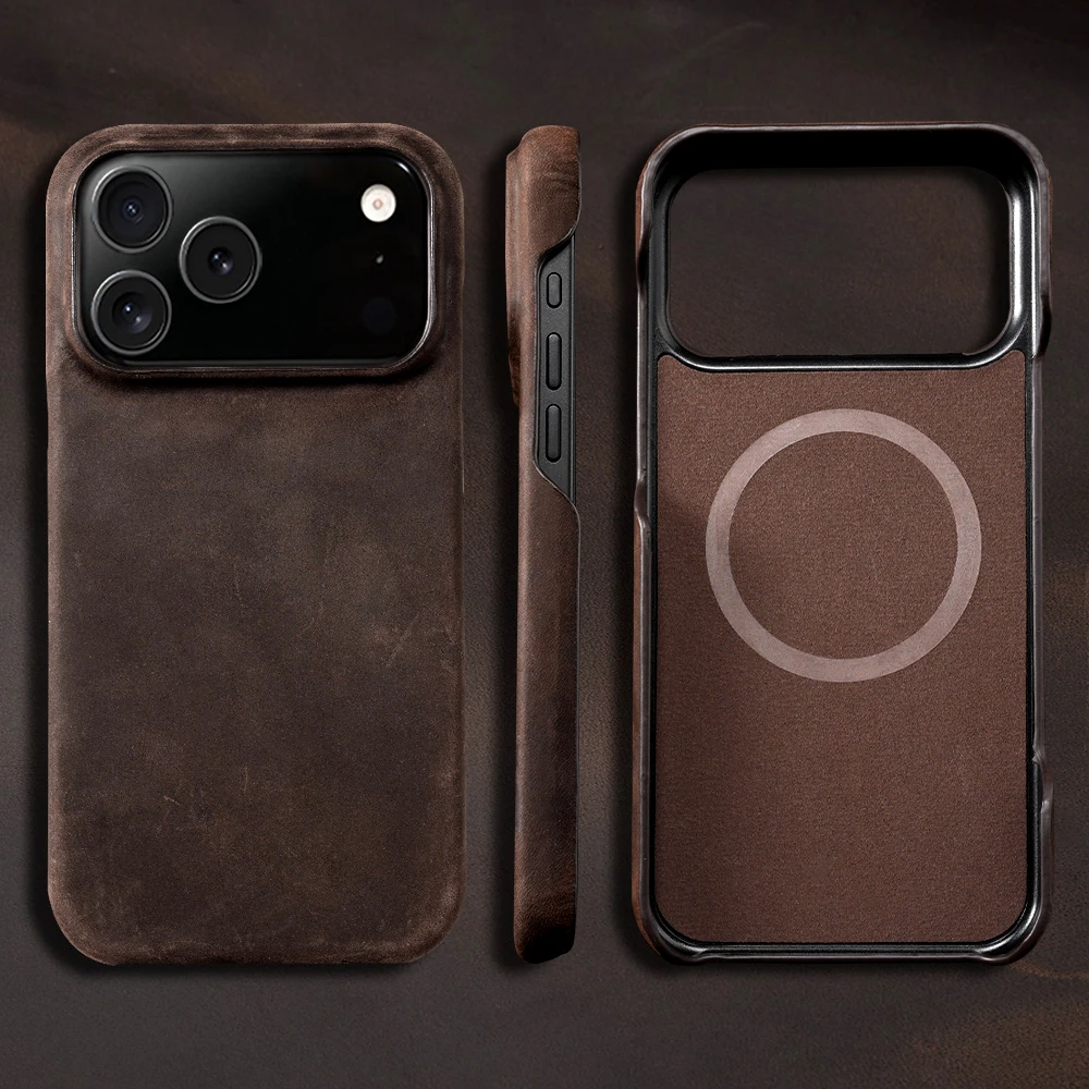 Luxury for Magsafe Case for iPhone 15 16 17 Pro Max 17 Air 17Pro 16Pro Genuine PULL-UP Leather Retro Magnetic Phone Back Cover