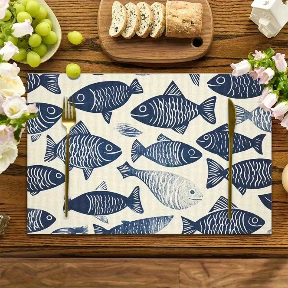 4PCS 2D Fish Pattern Place Mat Linen-like Texture Stain-resistant Table Mat Non-Slip Colorful Print Atmosphere Placemat