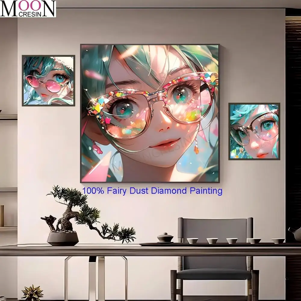 

100% Fairy Dust Square Diy Diamond Painting Cross Stitch Colorful Glasses Girl Embroidery Mosaic Home Decor Picture Rhinestones