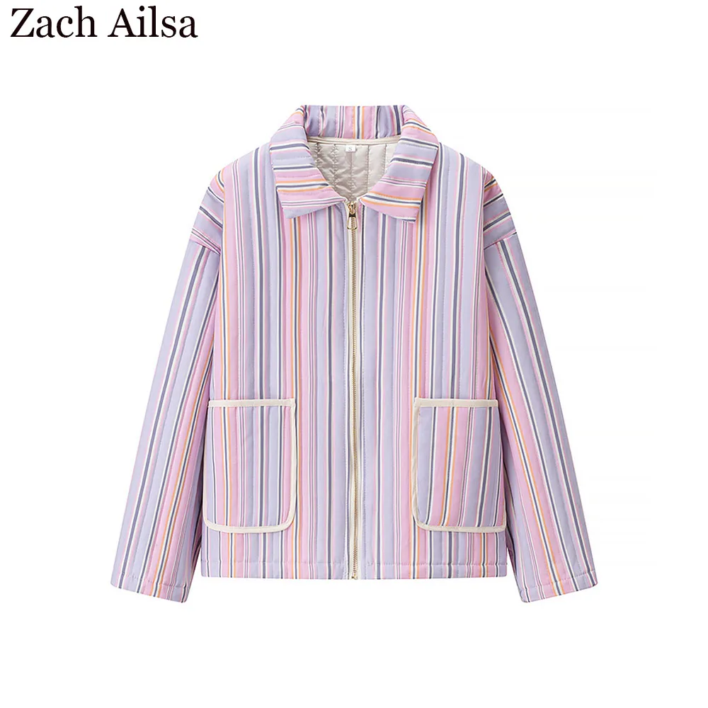 

New autumn and winter women's commuting style striped printed lapel long sleeved loose cotton jacket jacket