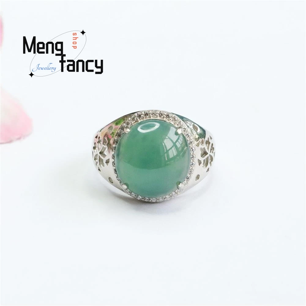 S925 Silver Inlaid Natural Jadeite Ice Blue Water Pigeon Egg Ring Exquisite Elegant High-grade Couple Luxury Fashion Jewelry