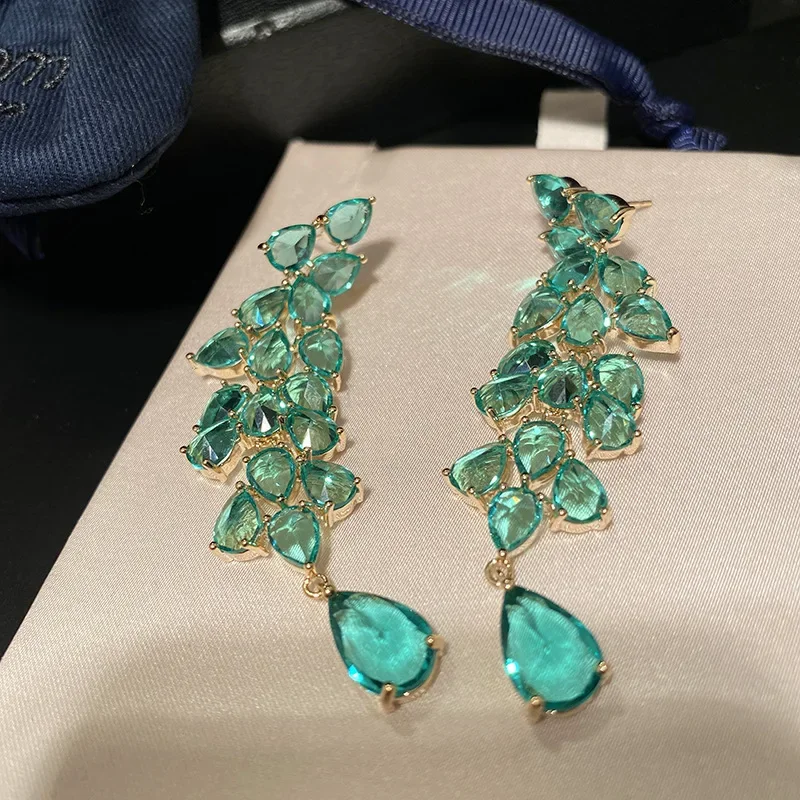 New Arrival Green Color Leaves Women Cubic Zirconia Long Earrings High Quality Jewelry Wedding Active Dangle Style Gifts