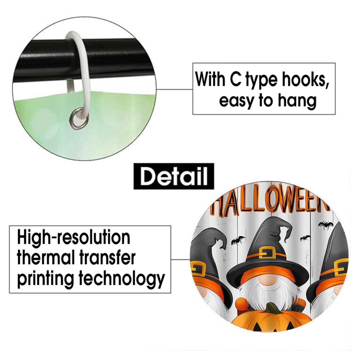 Halloween 1/4PCcartoon pumpkin bat shower curtain set waterproof shower curtain and waterproof non-slip carpet,12 hooks included