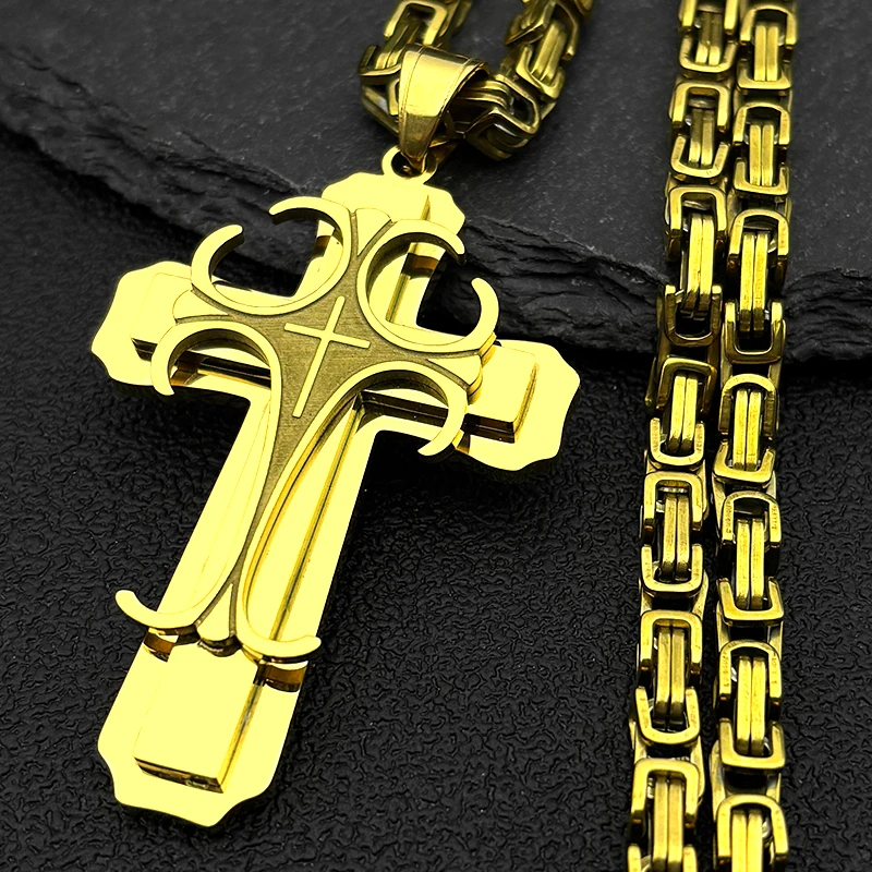 

Multilayer Christian Cross Pendant Necklace for Men Hip Hop Stainless Steel Gold Color Byzantine Chain Necklaces Jewelry Gifts
