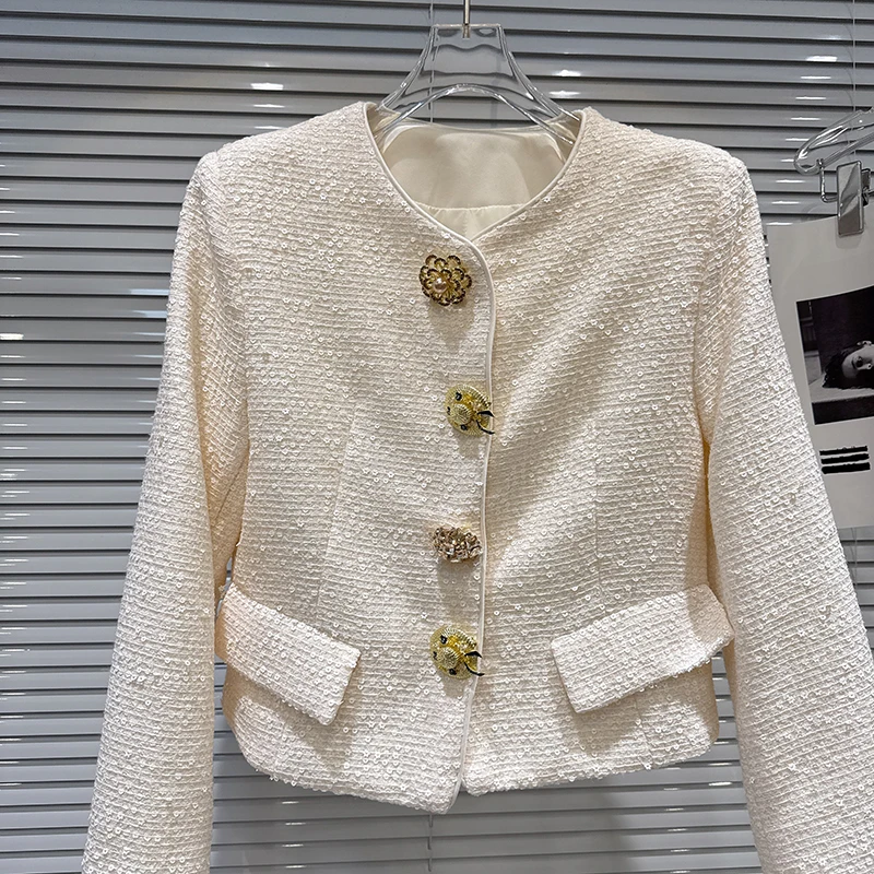 Women's Spring 2026 Lightweight Luxurious Tweed Jacket New Sparkly Metal Buttons Elegant French Style Glamorous Short Jacket
