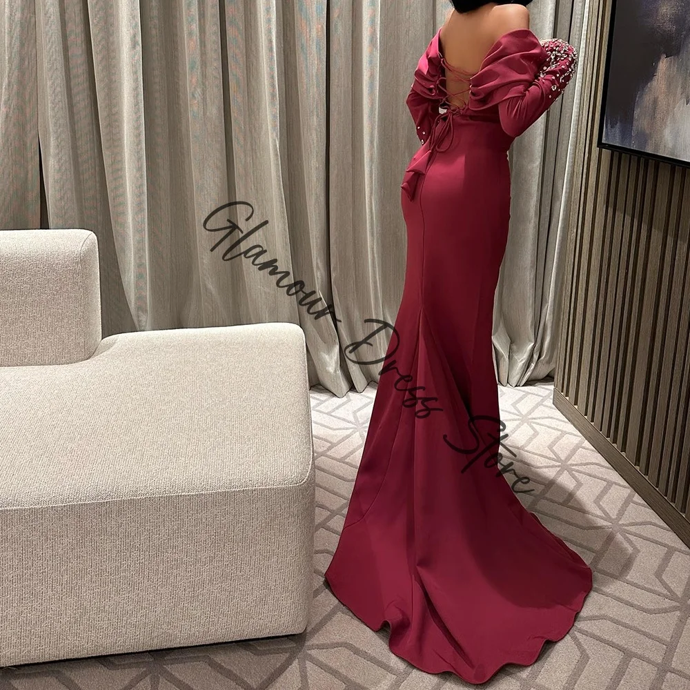 تخصيص رشيقة جيرسي مستقيم قبالة أزرار الكتف و كريستال مساء فستان طويل الأكمام لوحة قطار الأحمر Pr #6