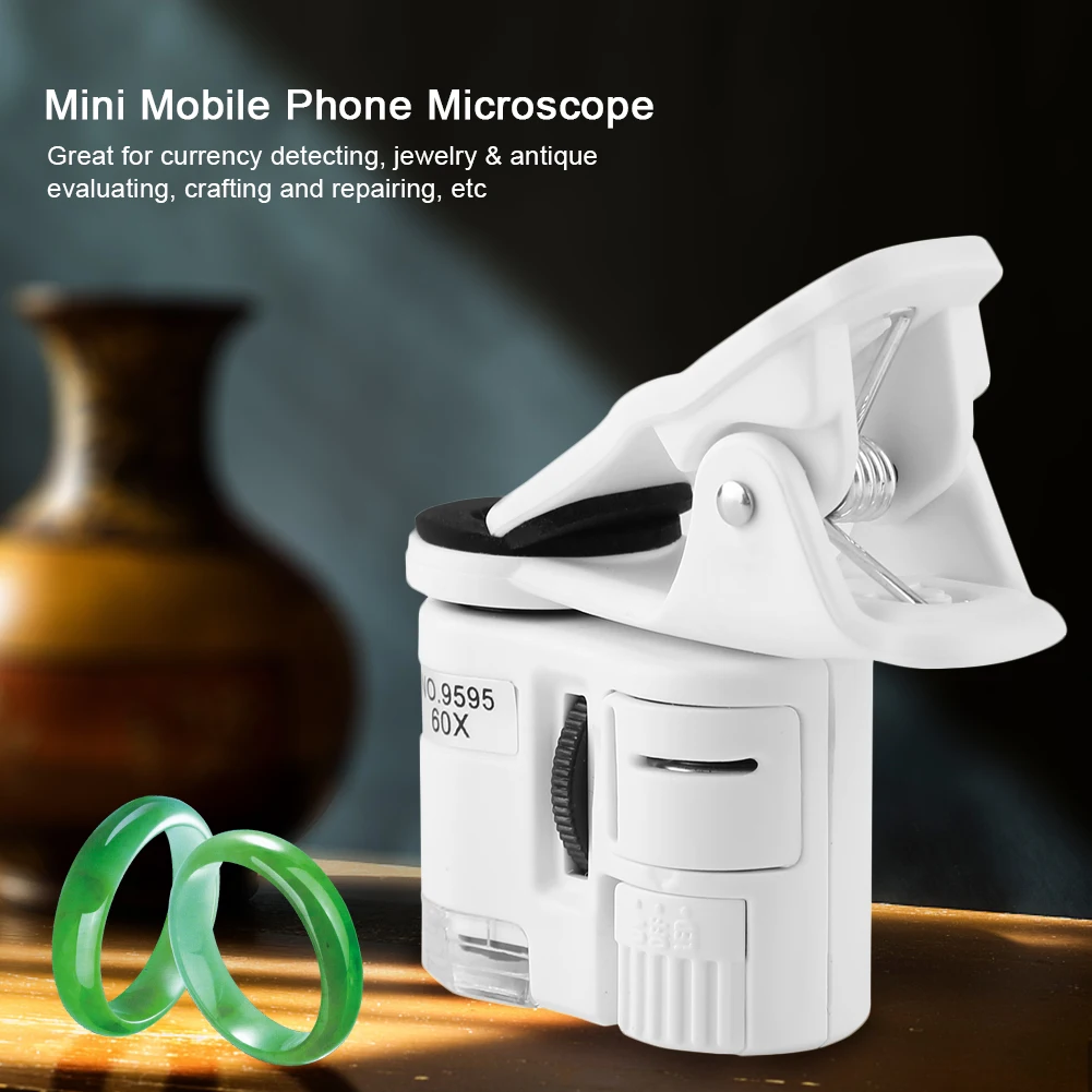 9595W 60X Magnifying Glass LED UV Light  Mobile Phone Clip Microscope 60X  Mobile Phone Microscope