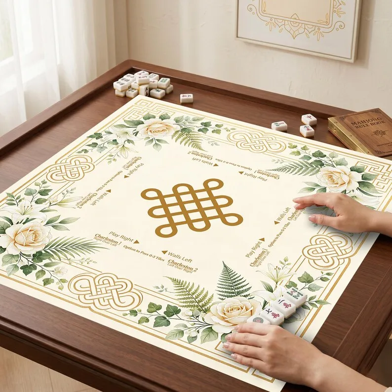VIKAMA White Rose Chinese Knot Mahjong Mat Non Slip Washable Noise Reduction Pad For American Mahjong Home Party