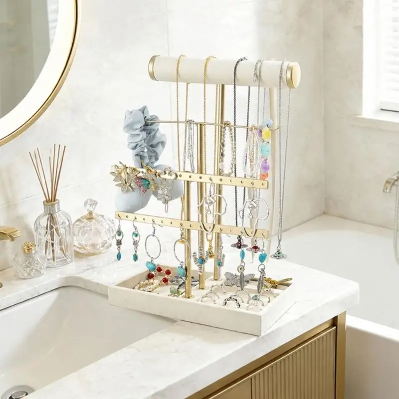 195C Tabletop Jewelry Storage Stand Gold Tone Multi Level Bracelet Holder and Earring Display for Dresser Top Vanity Counter