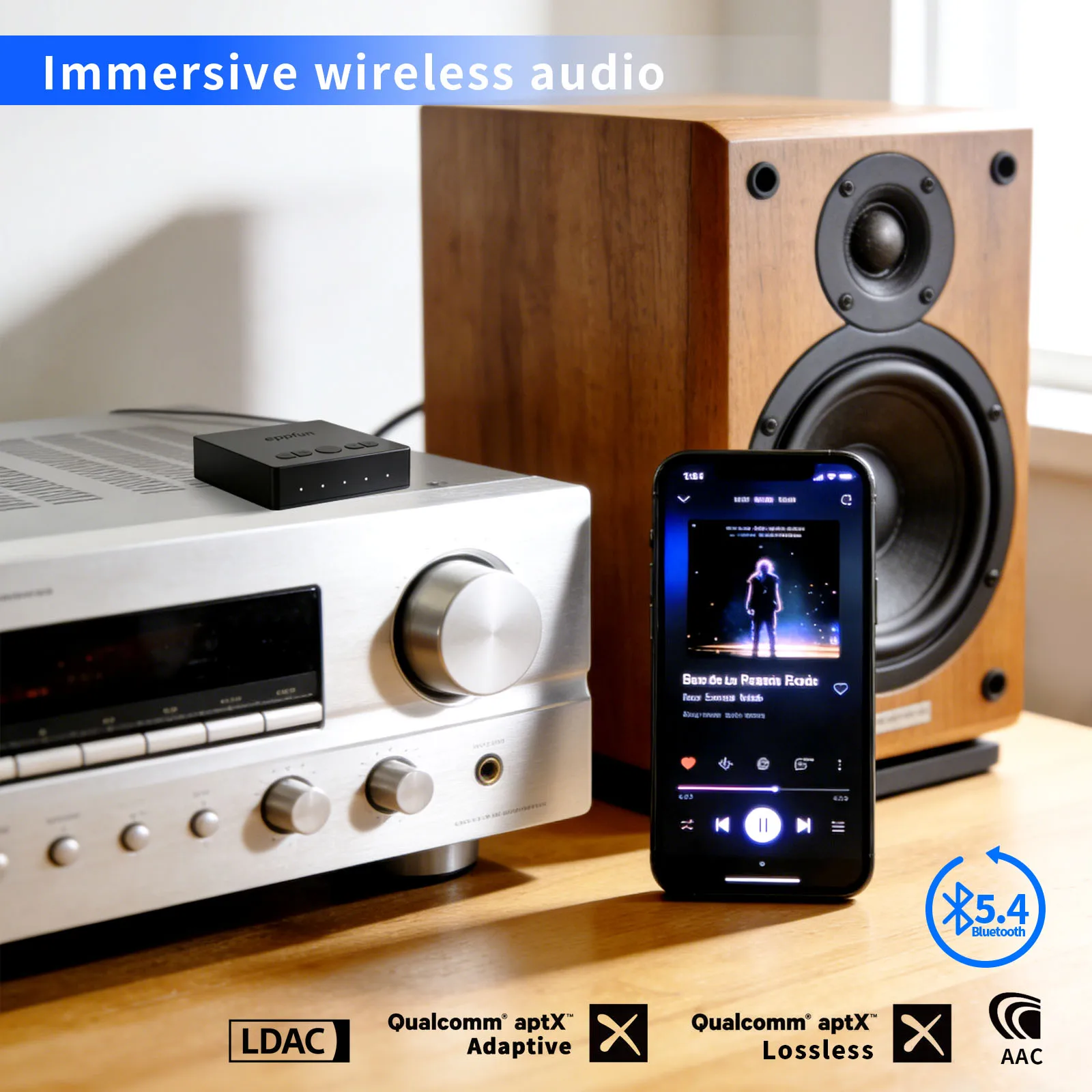 Eppfun Bluetooth 5.4 Auracast Receiver for Auracast LDAC APTX Adaptive HIFI Audio Adapter with Aux/RCA/Optical for Amplifier