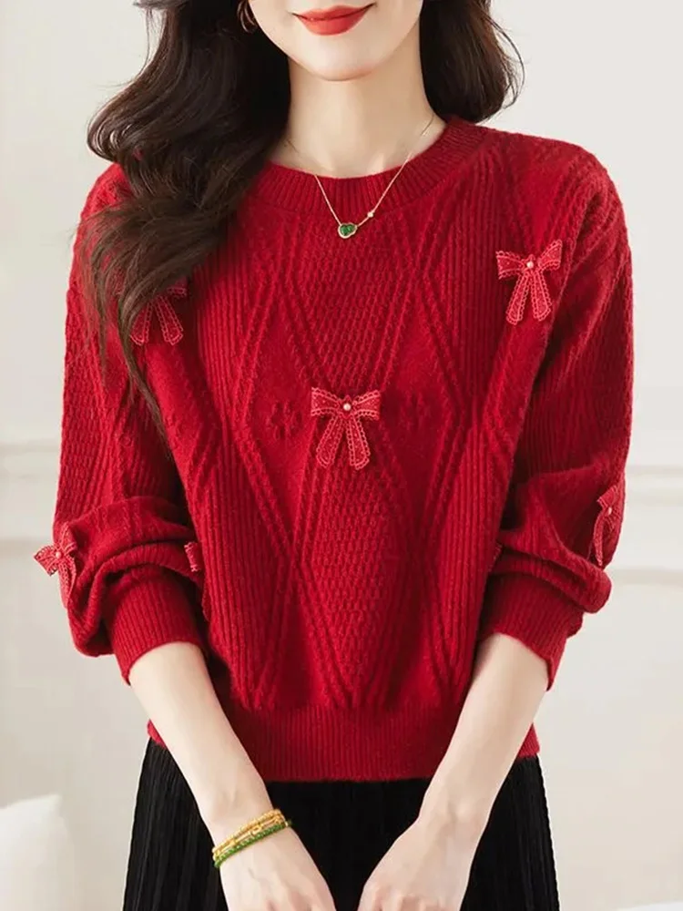 

Unique Design Red Knitted Sweater round Ne Knot Anti-Aging Trendy Top Women's Faion Autumn Winter Casual Sle