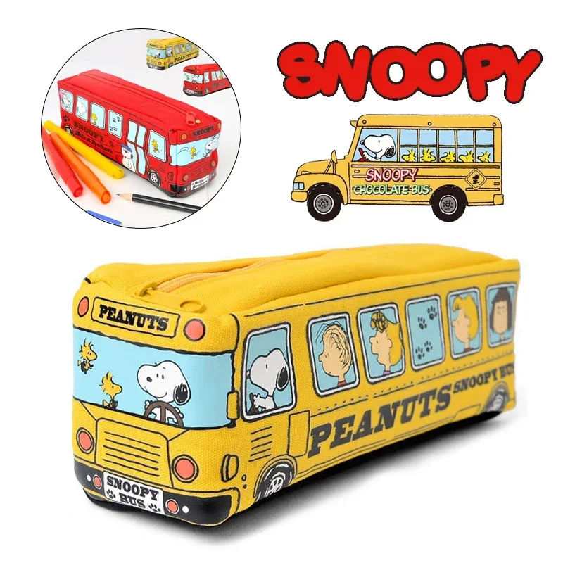 Snoopy-estuche de lona para lápices, bolsa de almacenamiento de gran capacidad, suministros de papelería escolar, autobús de dibujos animados